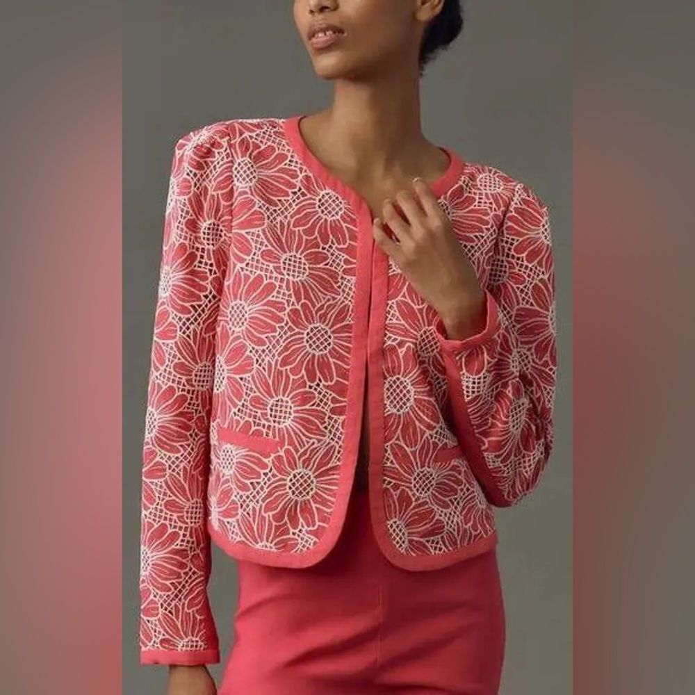 Anthropologie Pink and White Floral Suit Jacket